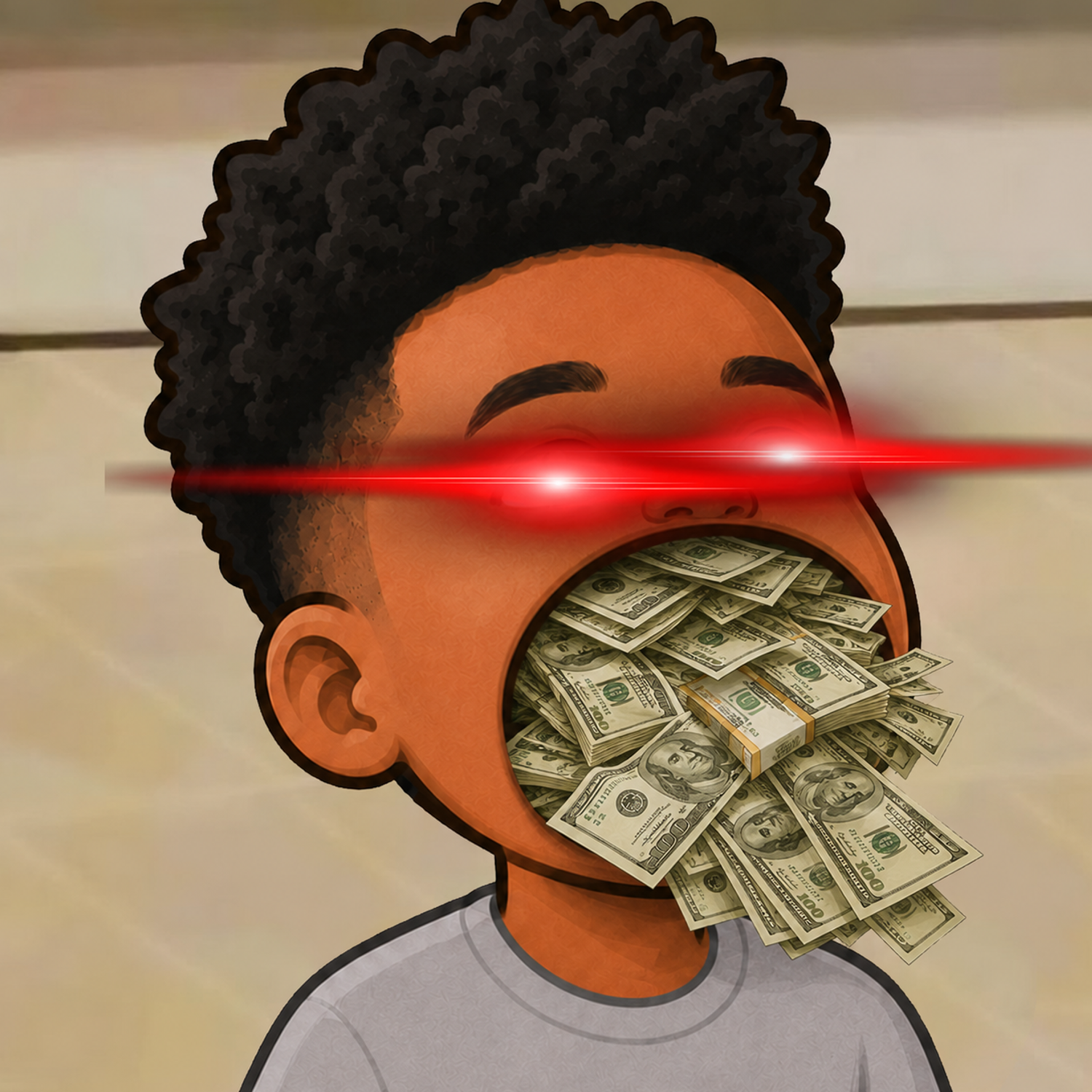 POPSEM with laser eyes and a mouth stuffed with cash