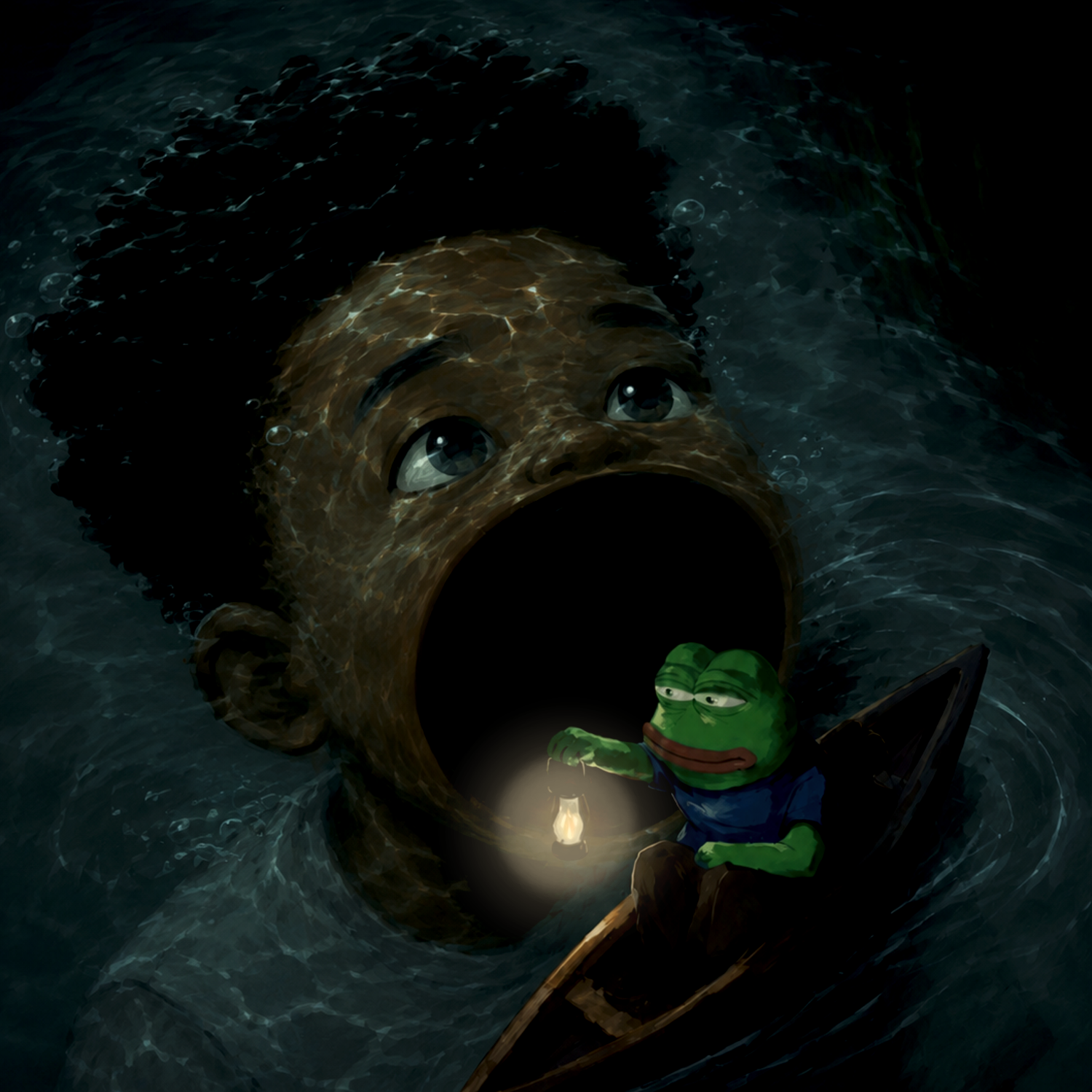 Pepe rowing a boat through POPSEM's mouth in the dark